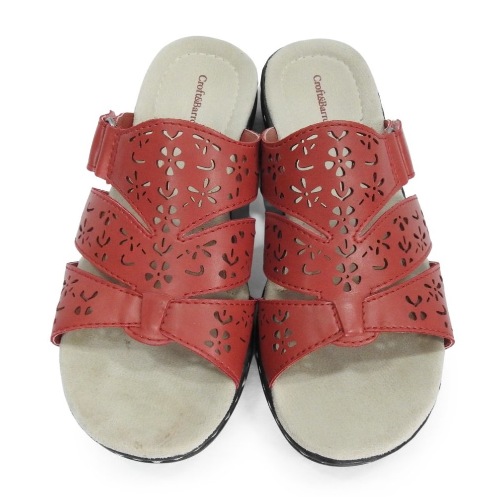 Croft & Barrow Paula Slip On Sandal Slide Red Faux Leather Laser Cut Details
